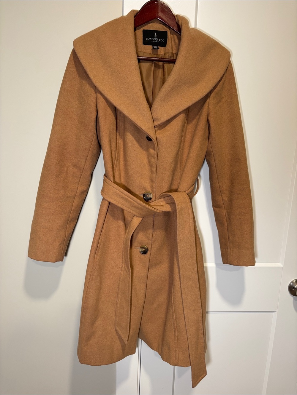 London Fog Women's Camel Belted Wool-Blend Coat Size Medium